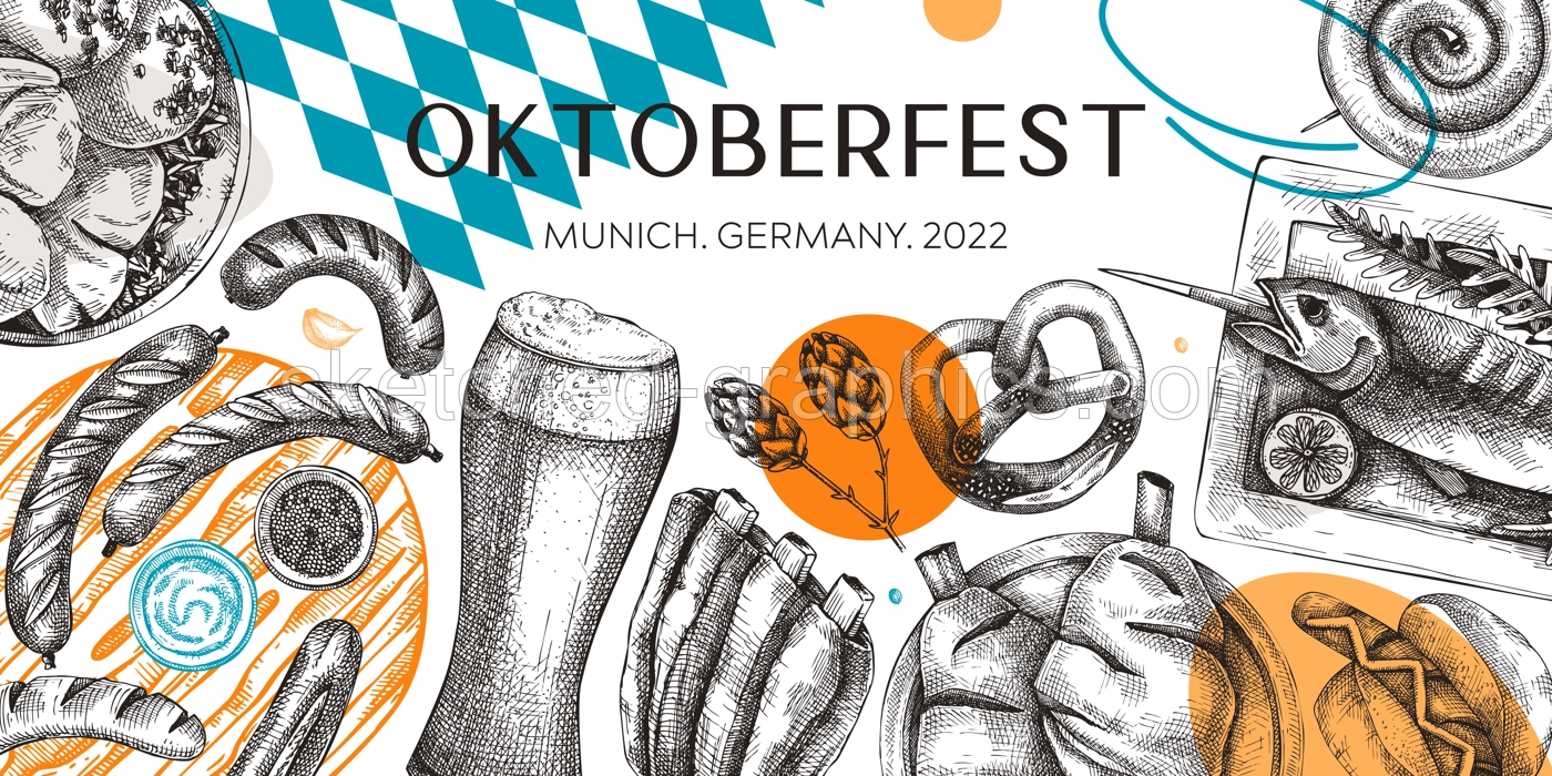 German food background in collage style. Oktoberfest menu trendy design. Vector meat dishes sketches and geometric shapes. German cuisine modern banner. Traditional Food festival illustration.  Illustration